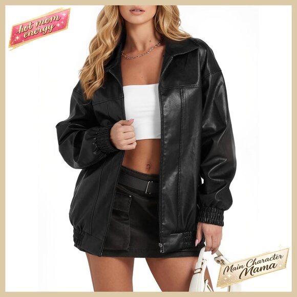 Oversized Faux Leather Jacket Zip Motorcycle Coat with Pockets Trendy